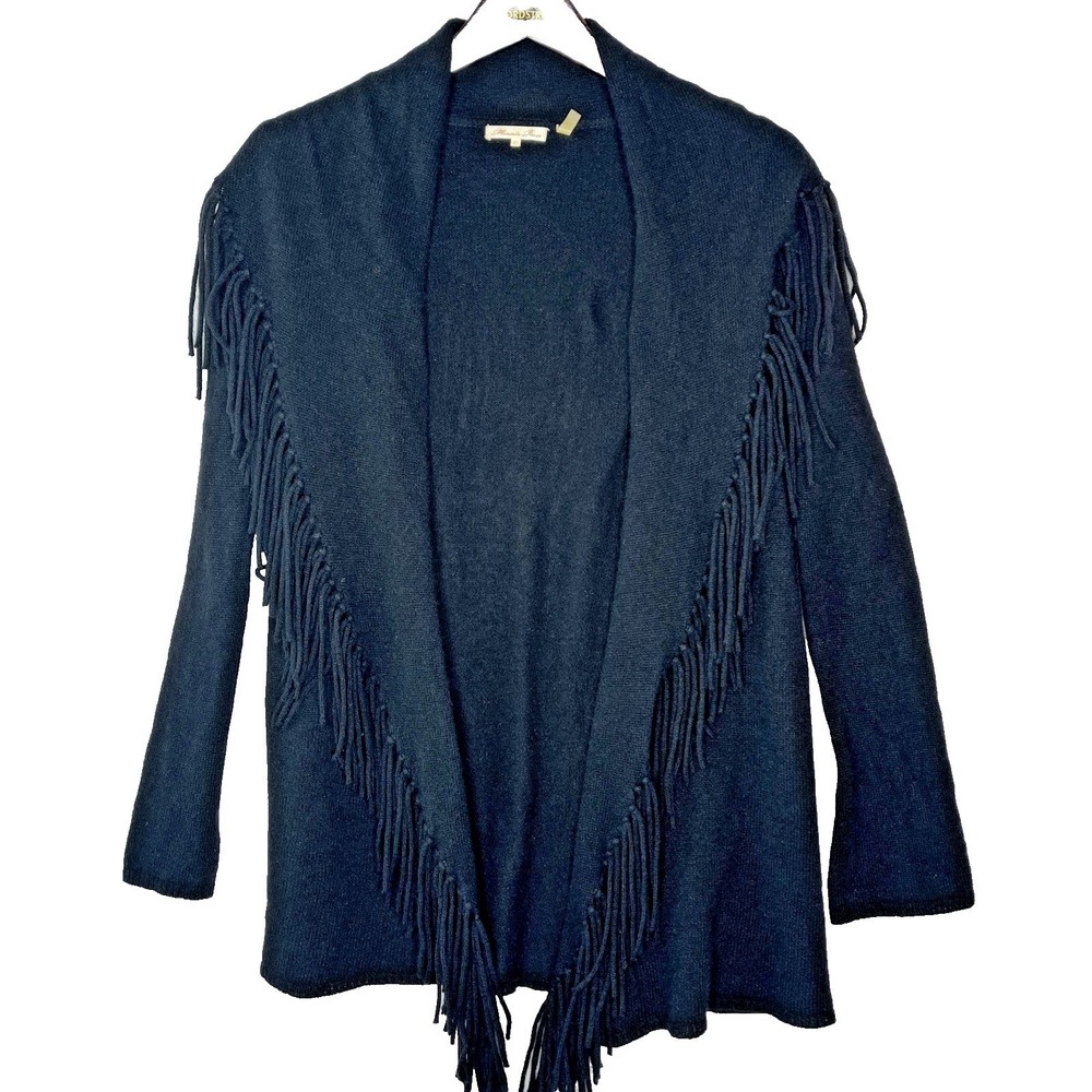 Minnie Rose 100% Cashmere Fringe Open Asymmetrical Sweater‎ Cardigan Western XS